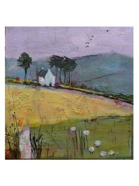 Country Farmhouse Landscape Painting Hand Painted Mixed Media Art on Canvas